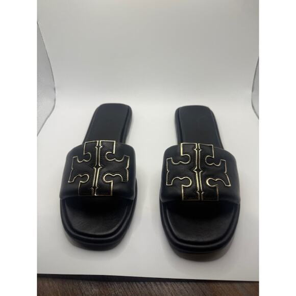 Tory Burch Women’s Size 9 Black Leather Logo Flat Slide Sandals Slip On - Picture 1 of 6